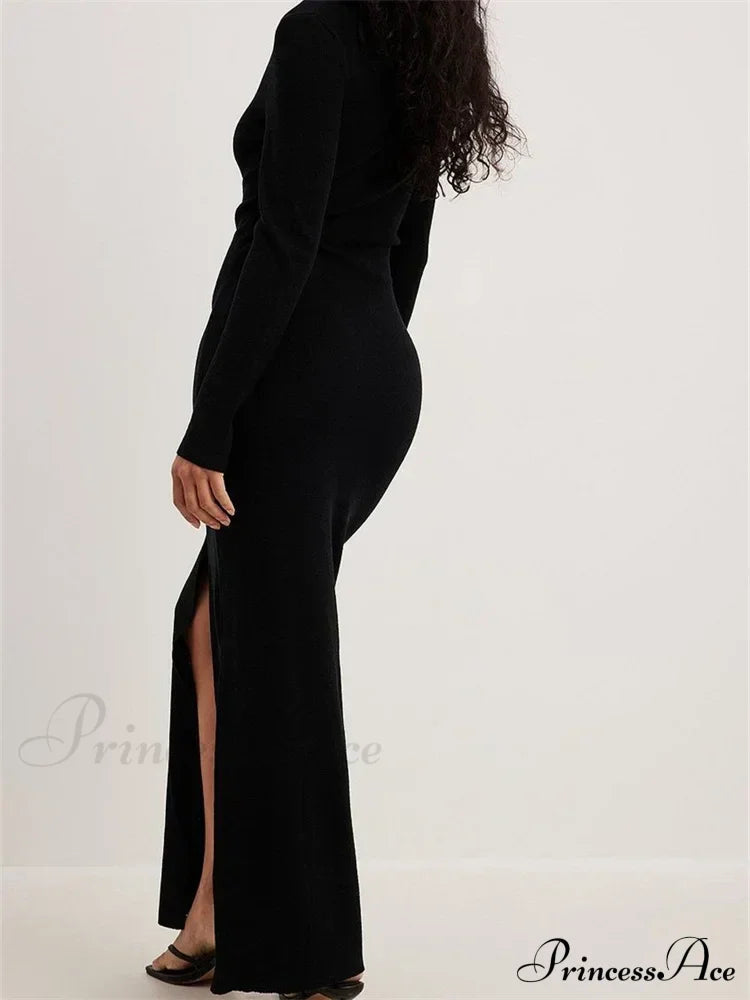 Women Spring Fall Knitted Elegant Sleeve Round Neck Solid High Split Female Vestidos Streetwear image 6