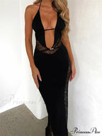 Women Summer Deep V-neck Black Sleeveless Strap Backless Halter Off Shoulder Lace Floral Party image 4