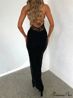 Women Summer Deep V-neck Black Sleeveless Strap Backless Halter Off Shoulder Lace Floral Party image 2