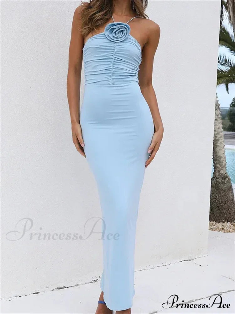 Women Summer Halter Beach Solid 3D Flower Ruched Backless Sleeveless Off Shoulder Female Vestidos image 1
