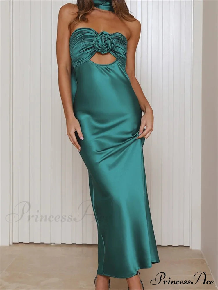 Women Summer Satin Tube Solid Color Strapless Off Shoulder Slim 3D Flower Vestidos with Scarf image 5