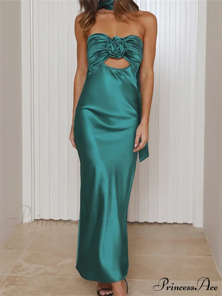 Women Summer Satin Tube Solid Color Strapless Off Shoulder Slim 3D Flower Vestidos with Scarf image 7