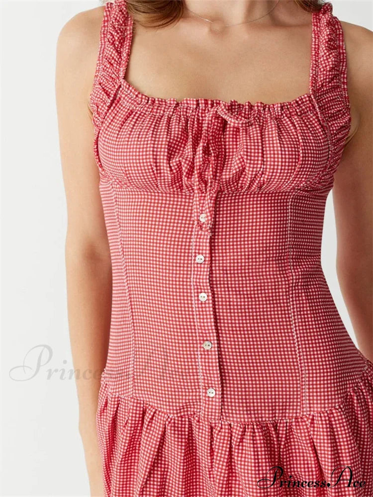 Women Summer Sleeveless Tank Casual Plaid Print Ruffles Party Cocktail Beach Street Ruched Vestidos image 3