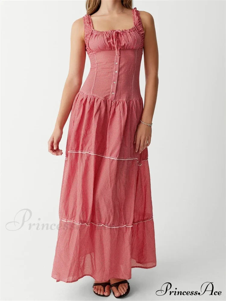 Women Summer Sleeveless Tank Casual Plaid Print Ruffles Party Cocktail Beach Street Ruched Vestidos image 1