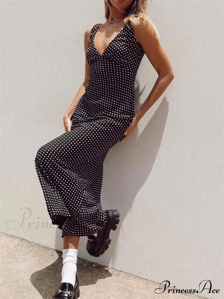 Women Summer Slim Tank Dot Print Sleeveless Deep V-Neck Bodycon Ankle Length Female Vestidos image 2