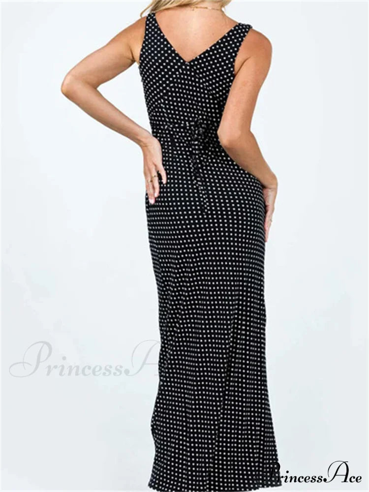Women Summer Slim Tank Dot Print Sleeveless Deep V-Neck Bodycon Ankle Length Female Vestidos image 5