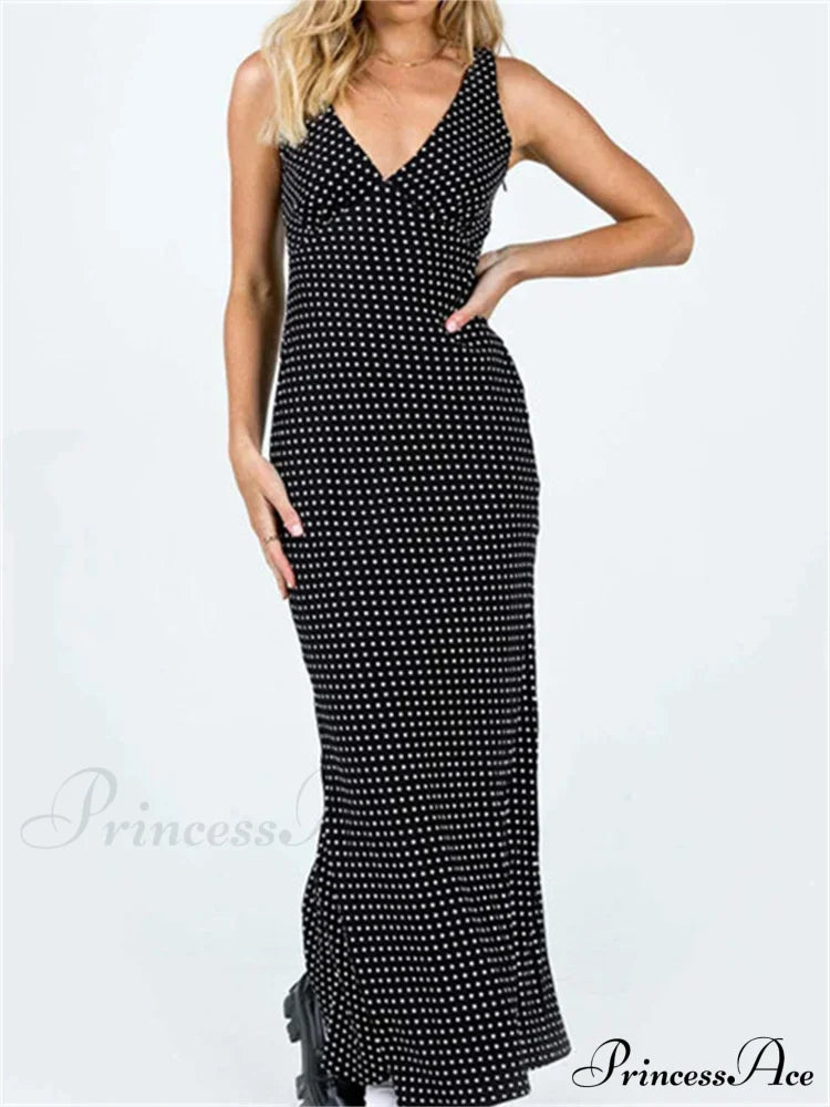 Women Summer Slim Tank Dot Print Sleeveless Deep V-Neck Bodycon Ankle Length Female Vestidos image 3