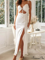 Women Summer Sling Sleeveless High Split Hollow Out Tie Up Lace Trim Party Beach Female Vestido image 1