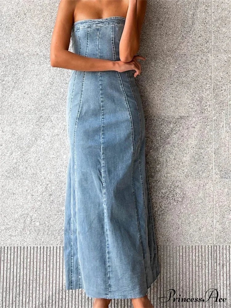 Women Tube Strapless Backless Denim Back Zip Up Summer Side Split Club Party Female Vestidos image 4