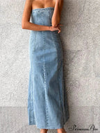 Women Tube Strapless Backless Denim Back Zip Up Summer Side Split Club Party Female Vestidos image 4