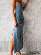 Women Tube Strapless Backless Denim Back Zip Up Summer Side Split Club Party Female Vestidos image 5