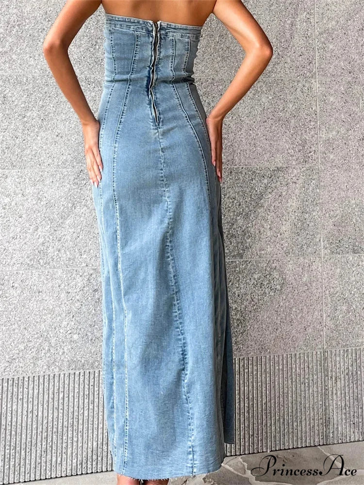 Women Tube Strapless Backless Denim Back Zip Up Summer Side Split Club Party Female Vestidos image 3