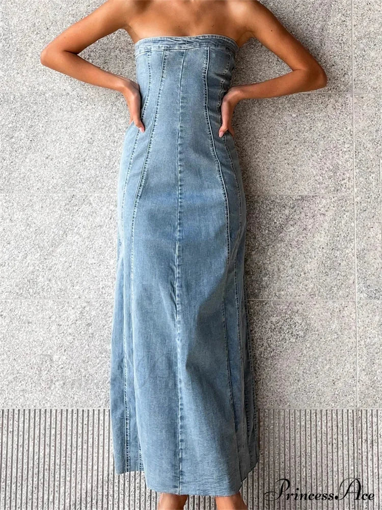 Women Tube Strapless Backless Denim Back Zip Up Summer Side Split Club Party Female Vestidos image 2