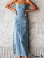 Women Tube Strapless Backless Denim Back Zip Up Summer Side Split Club Party Female Vestidos image 2