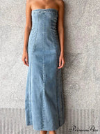Women Tube Strapless Backless Denim Back Zip Up Summer Side Split Club Party Female Vestidos image 1