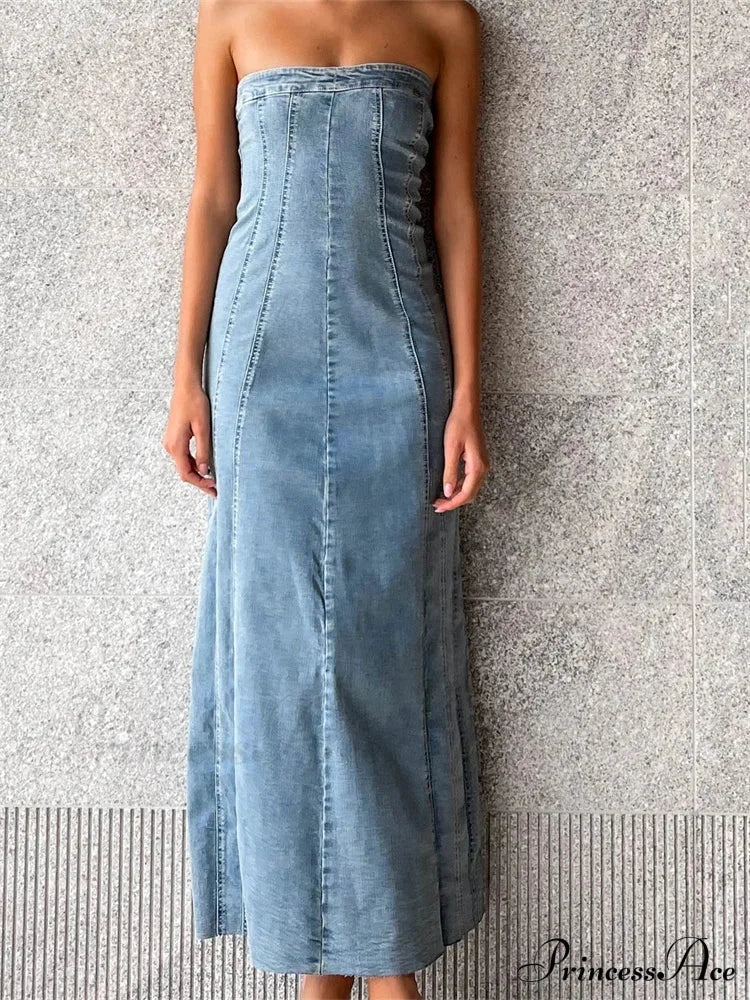 Women Tube Strapless Backless Denim Back Zip Up Summer Side Split Club Party Female Vestidos image 1