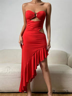 Women Tube Strapless Backless Hollow Out Ruffle Slim Fit Irregular Hem Cocktail Party Female Vestido image 1