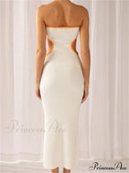 Women Waist Hollow Out Tube Strapless Off Shoulder Contrast Color Ribbed Summer Party Clubwear image 4