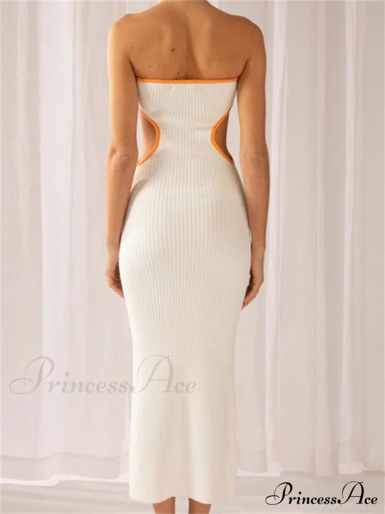 Women Waist Hollow Out Tube Strapless Off Shoulder Contrast Color Ribbed Summer Party Clubwear image 4