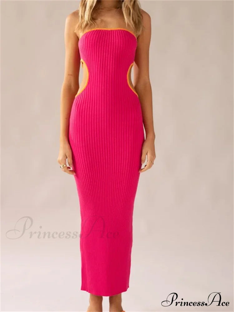 Women Waist Hollow Out Tube Strapless Off Shoulder Contrast Color Ribbed Summer Party Clubwear image 5