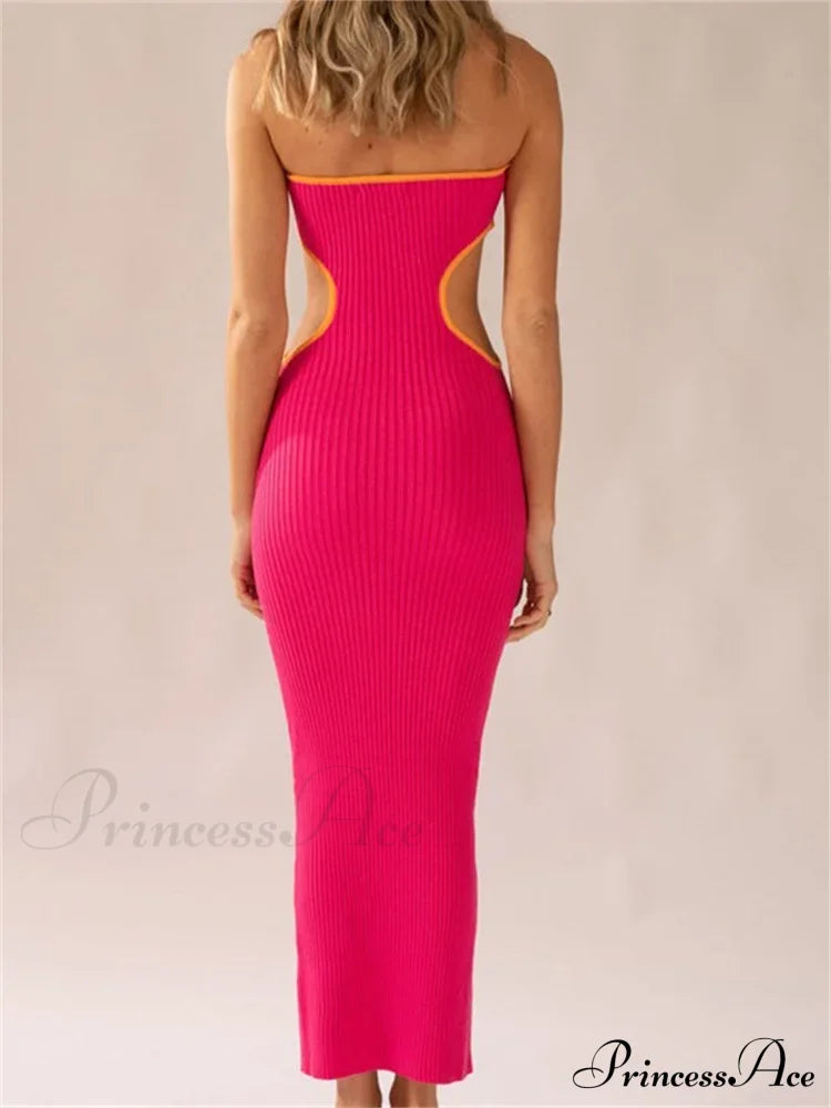 Women Waist Hollow Out Tube Strapless Off Shoulder Contrast Color Ribbed Summer Party Clubwear image 6