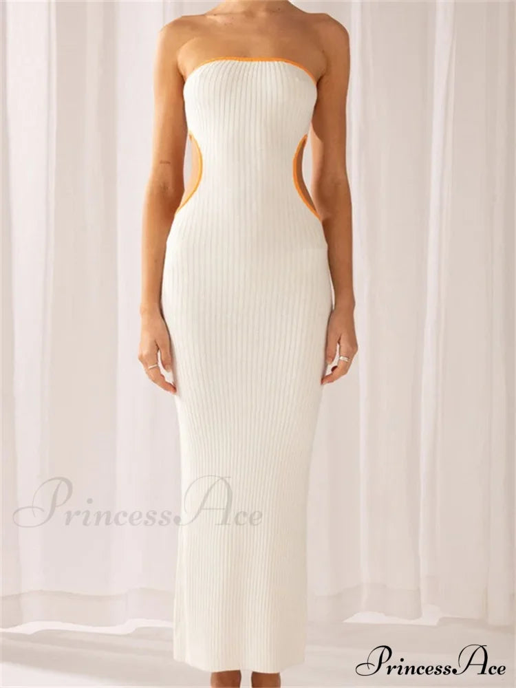 Women Waist Hollow Out Tube Strapless Off Shoulder Contrast Color Ribbed Summer Party Clubwear image 9