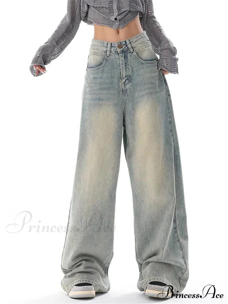 Women's American Vintage Washed Thin Casual Neutral Style Blue Denim Female High Waist Straight Pants Jeans image 1