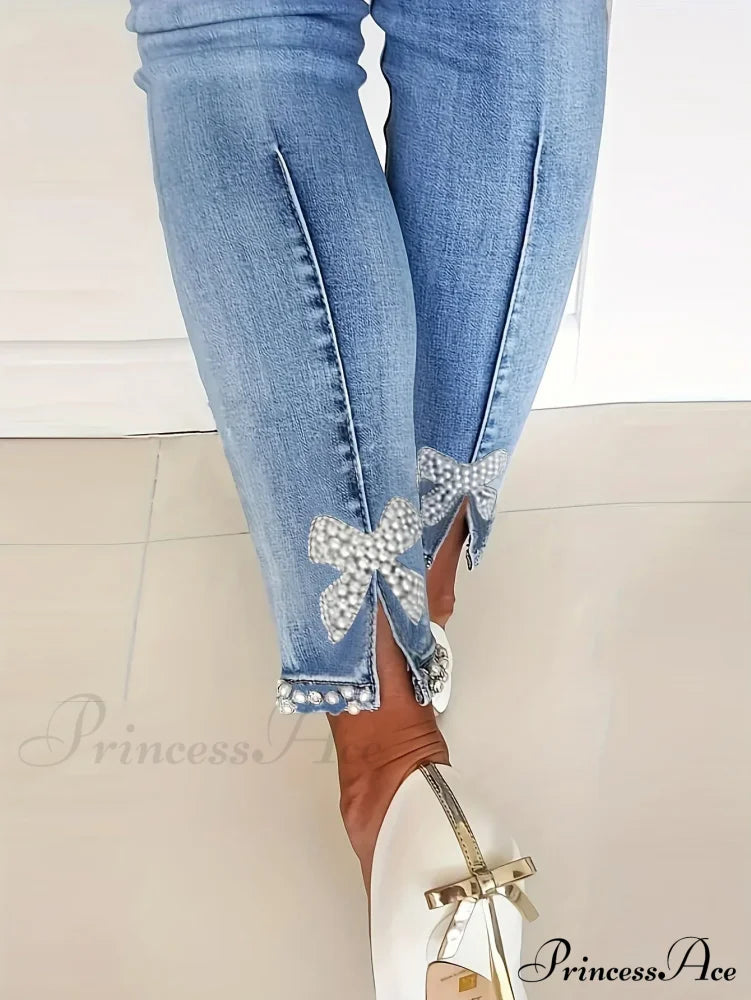 Women's Blue High-Stretch Skinny with Faux Pearl Decor and Slim Fit - Stylish and Comfortable Denim Jean image 1