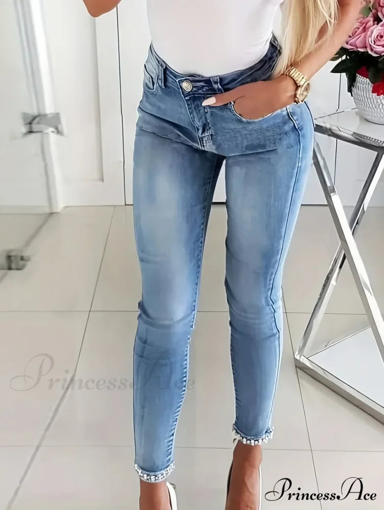 Women's Blue High-Stretch Skinny with Faux Pearl Decor and Slim Fit - Stylish and Comfortable Denim Jean image 2