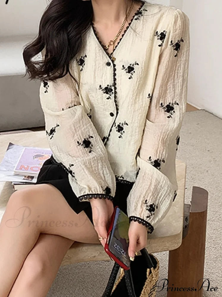 Women's Button Blouse Up V Spring Neck Long Arm Patterned Casual Top image 1