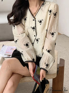 Women's Button Blouse Up V Spring Neck Long Arm Patterned Casual Top image 1