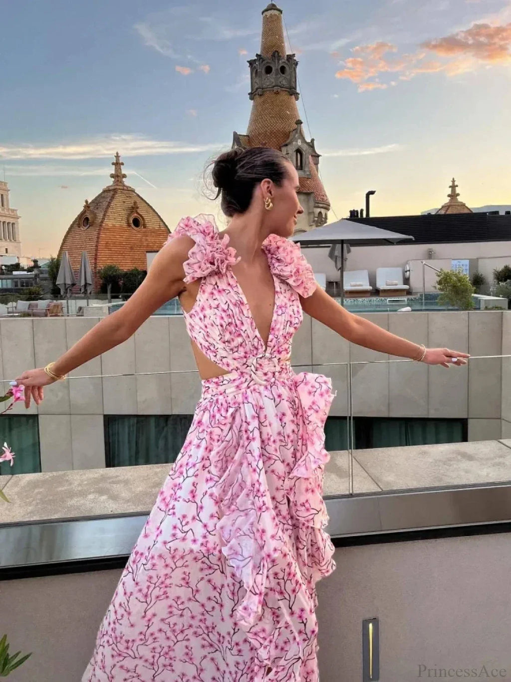 Women's Holiday Party Dresses Sexy V Neck Backless Floral Ruffle Party Dress image 2