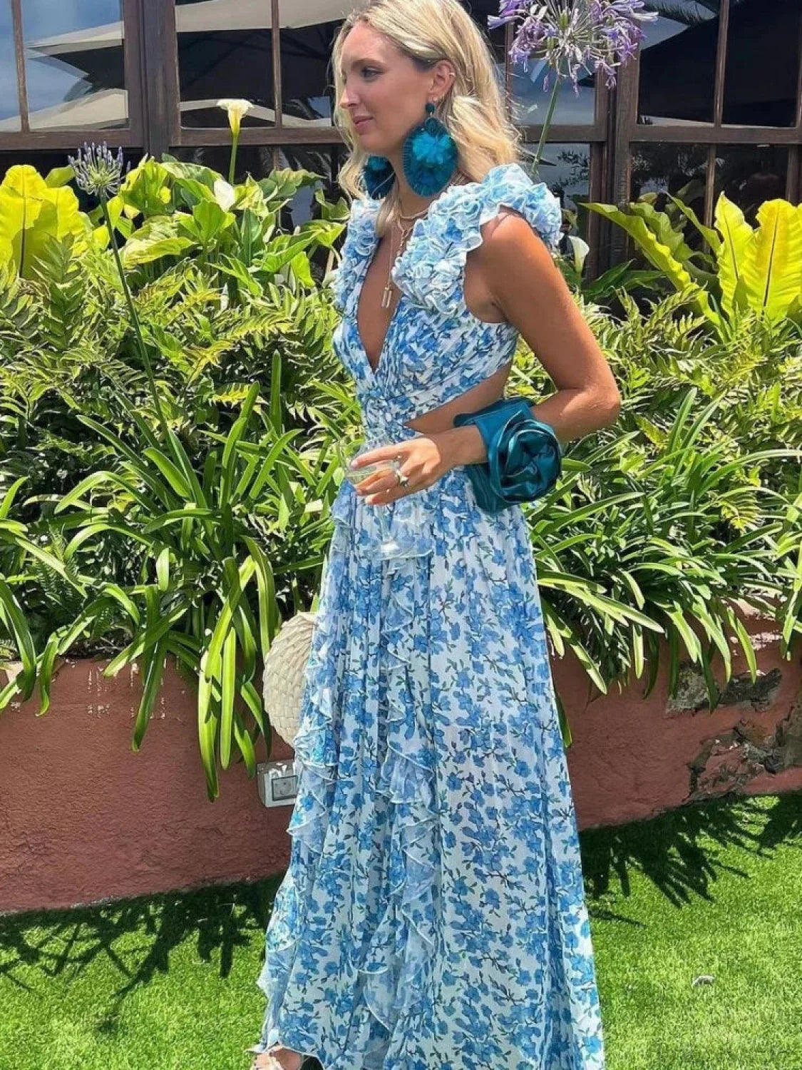 Women's Holiday Party Dresses Sexy V Neck Backless Floral Ruffle Party Dress image 5