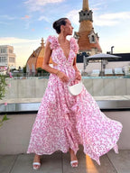 Women's Holiday Party Dresses Sexy V Neck Backless Floral Ruffle Party Dress image 1