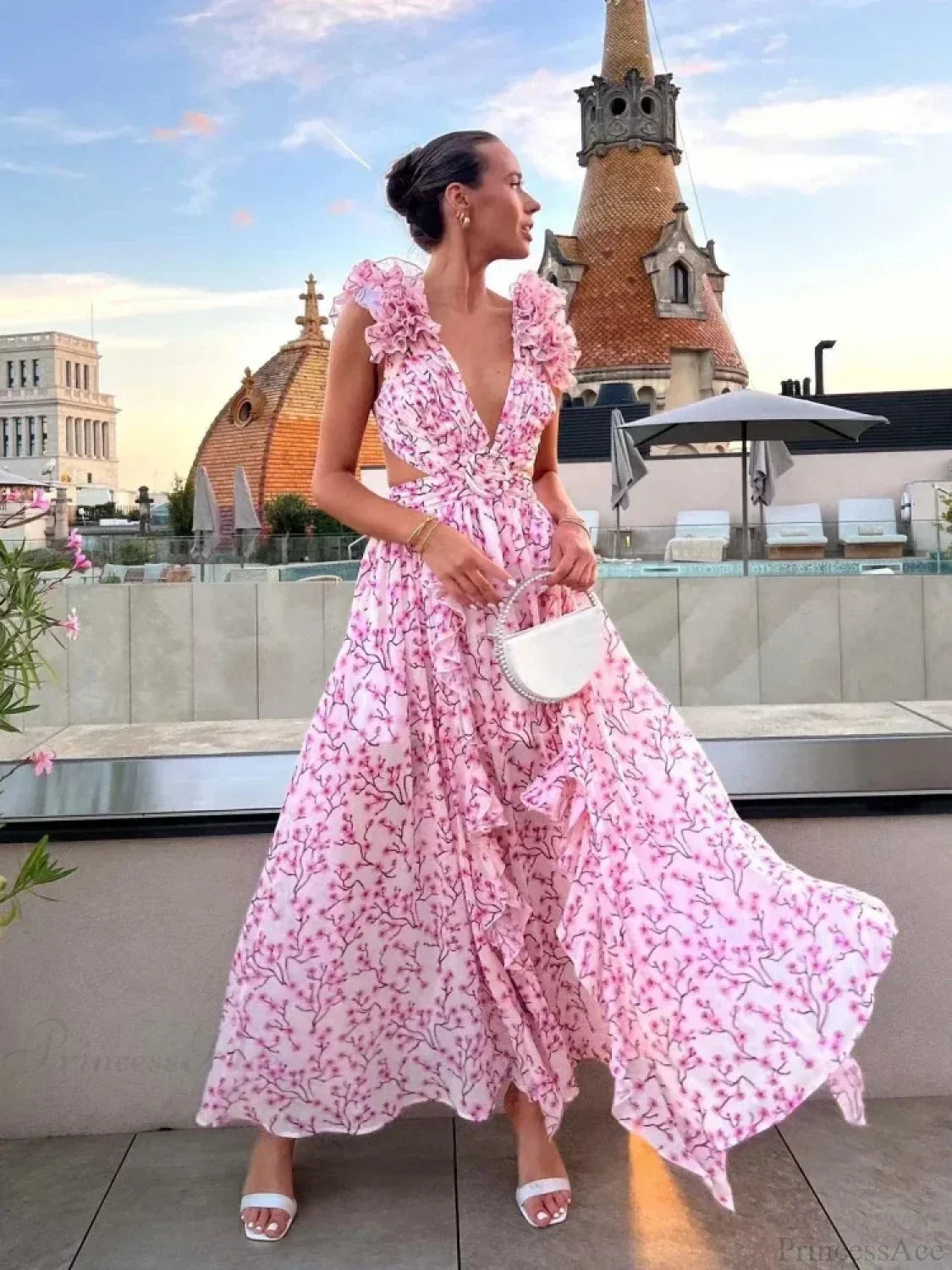 Women's Holiday Party Dresses Sexy V Neck Backless Floral Ruffle Party Dress image 1