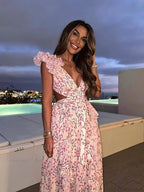 Women's Holiday Party Dresses Sexy V Neck Backless Floral Ruffle Party Dress image 3