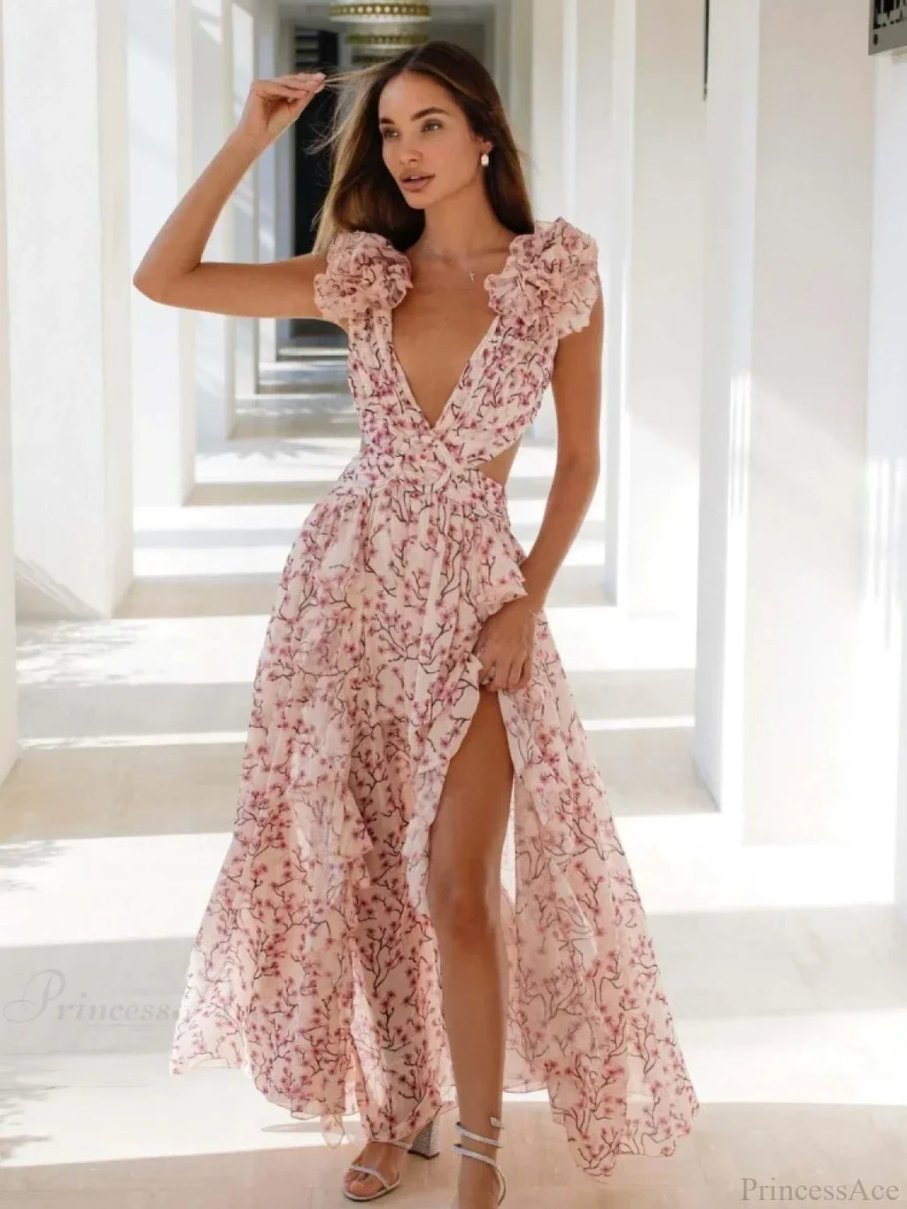Women's Holiday Party Dresses Sexy V Neck Backless Floral Ruffle Party Dress image 8