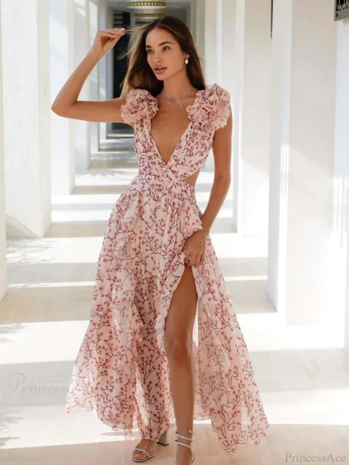 Women's Holiday Party Dresses Sexy V Neck Backless Floral Ruffle Party Dress image 8