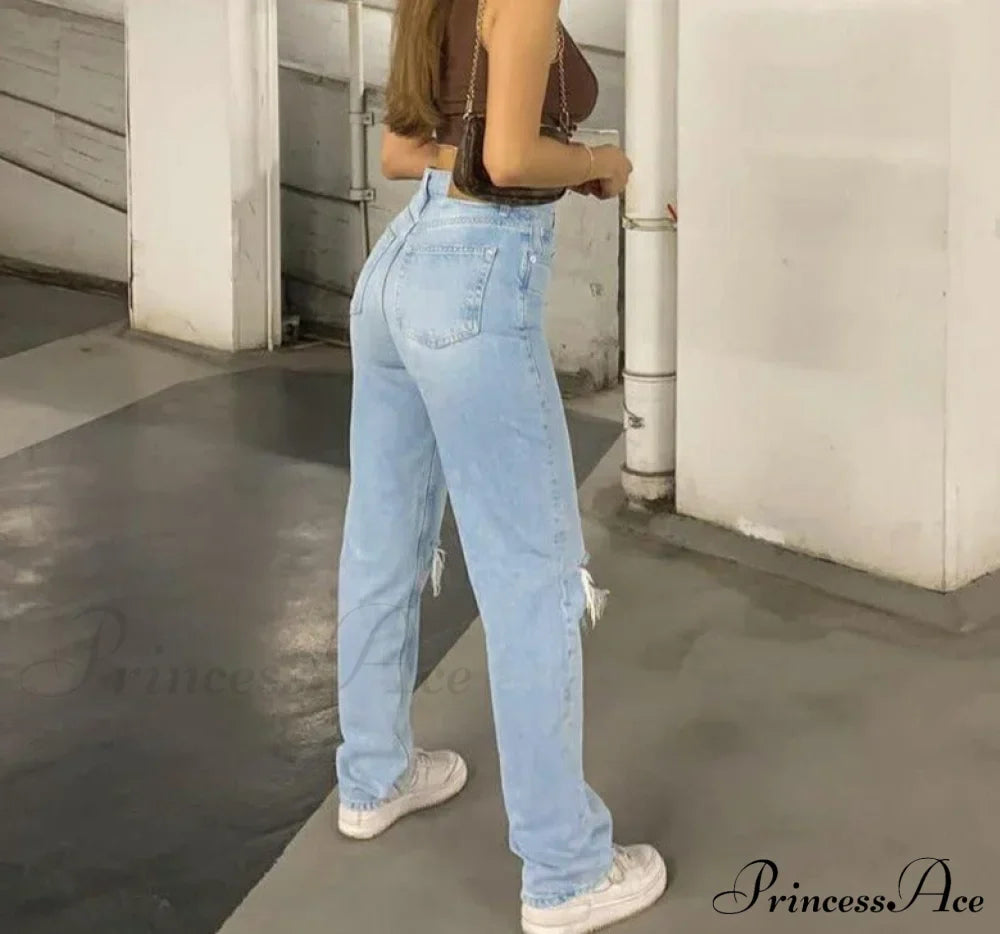 Womens Jeans Blue Cotton Trousers Baggy Wide High Leg Ripped Denim Wash Warm-Season Casual Waist Pants image 4