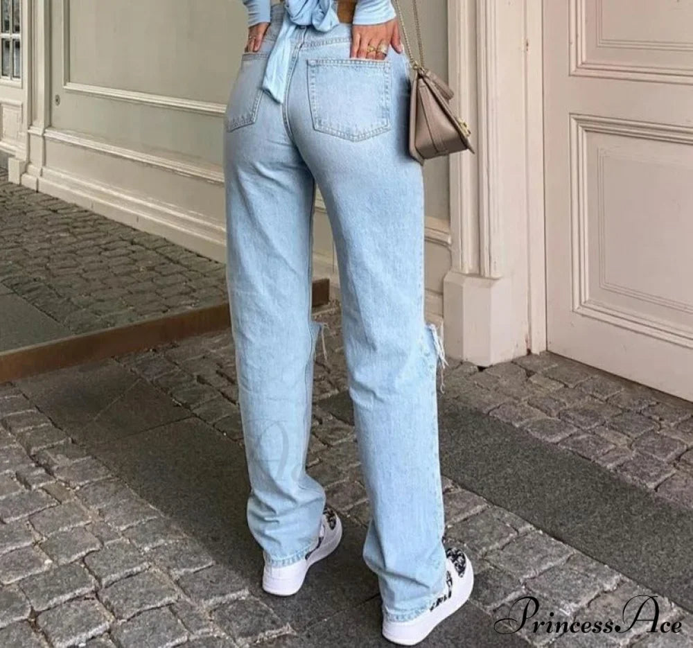 Womens Jeans Blue Cotton Trousers Baggy Wide High Leg Ripped Denim Wash Warm-Season Casual Waist Pants image 8