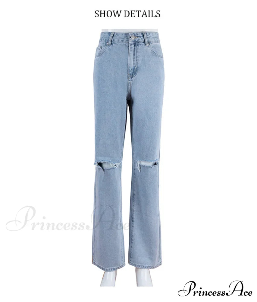 Womens Jeans Blue Cotton Trousers Baggy Wide High Leg Ripped Denim Wash Warm-Season Casual Waist Pants image 6