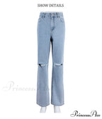 Womens Jeans Blue Cotton Trousers Baggy Wide High Leg Ripped Denim Wash Warm-Season Casual Waist Pants image 6