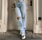 Womens Jeans Blue Cotton Trousers Baggy Wide High Leg Ripped Denim Wash Warm-Season Casual Waist Pants image 1