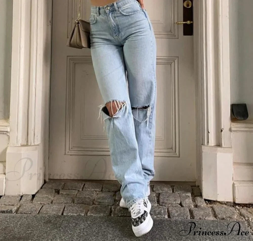 Womens Jeans Blue Cotton Trousers Baggy Wide High Leg Ripped Denim Wash Warm-Season Casual Waist Pants image 1