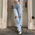 Womens Jeans Blue Cotton Trousers Baggy Wide High Leg Ripped Denim Wash Warm-Season Casual Waist Pants image 5