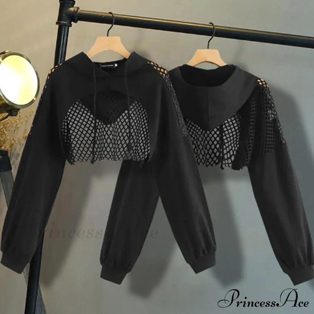 Women's Mesh with Out Hoodie Black Crop Top Hollow Patchwork image 4