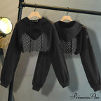 Women's Mesh with Out Hoodie Black Crop Top Hollow Patchwork image 4