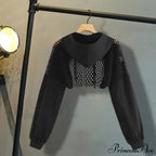 Women's Mesh with Out Hoodie Black Crop Top Hollow Patchwork image 3