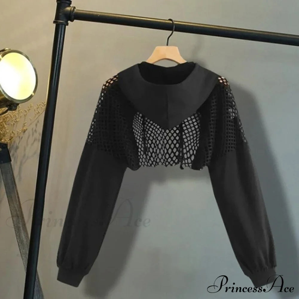 Women's Mesh with Out Hoodie Black Crop Top Hollow Patchwork image 3