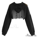 Women's Mesh with Out Hoodie Black Crop Top Hollow Patchwork image 1